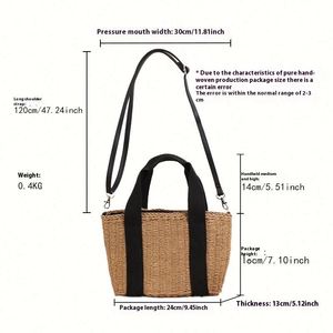 Sac de plage en paille tressée fait main pour filles, avec fermeture éclair, style vacances, bandoulière, sac à main, sac fourre-tout - Product Image 2