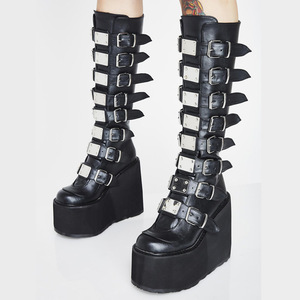 Chaussures à talons compensés Super hauts de 12CM, chaussures à plate-forme augmentant la hauteur pour femmes, bottes hautes noires Punk à Tube Long - Product Image 3