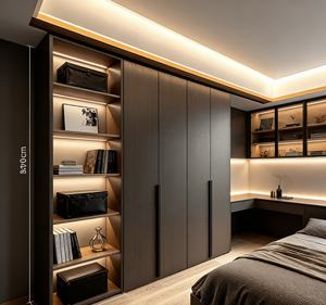 Armoire intégrée BALOM sur mesure haut de gamme en bois gris foncé - Portes vitrées et éclairage LED, bureau, rangement spacieux pour chambre à coucher - Product Image 2