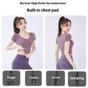 Women's Short-Sleeved Yoga Top Quick-Drying Breathable Fitness <strong>Clothes</strong> with Chest Pad Compression Sports Tight <strong>for</strong> Running - Product Image 5