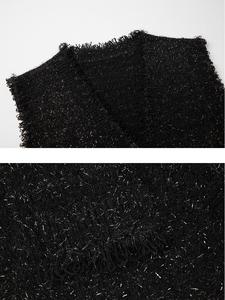 เสื้อกั๊กไหมพรมแขนยาวคอโอ แต่งพู่ ติดกระดุม สีดำ ผ้าทวีด สำหรับผู้หญิง - Product Image 6