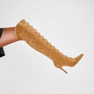 Bottes d'hiver à bout pointu, bottes au-dessus du genou en faux daim à carreaux, talon aiguille haut, bottes sexy pour femmes, bottes hautes à effet froissé - Product Image 2