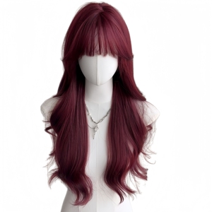 Perruque longue bouclée rouge <span class=keywords><strong>framboise</strong></span> avec frange, cheveux synthétiques doux et naturels, résistante <span class=keywords><strong>à</strong></span> la chaleur, pour femmes, pour la <span class=keywords><strong>vie</strong></span> quotidienne, les fêtes et le cosplay - Product Image 2