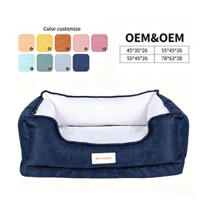 Achat en gros de canapés-lits pour animaux de compagnie de luxe personnalisés avec logo, fabricant de lits orthopédiques pour chiens en tissu bleu foncé avec rebord surélevé - Product Image 1