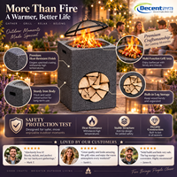 Brasero carré en acier robuste effet pierre avec rangement pour bois de chauffage, grille et pique-foyer pour patio extérieur, jardin et camping