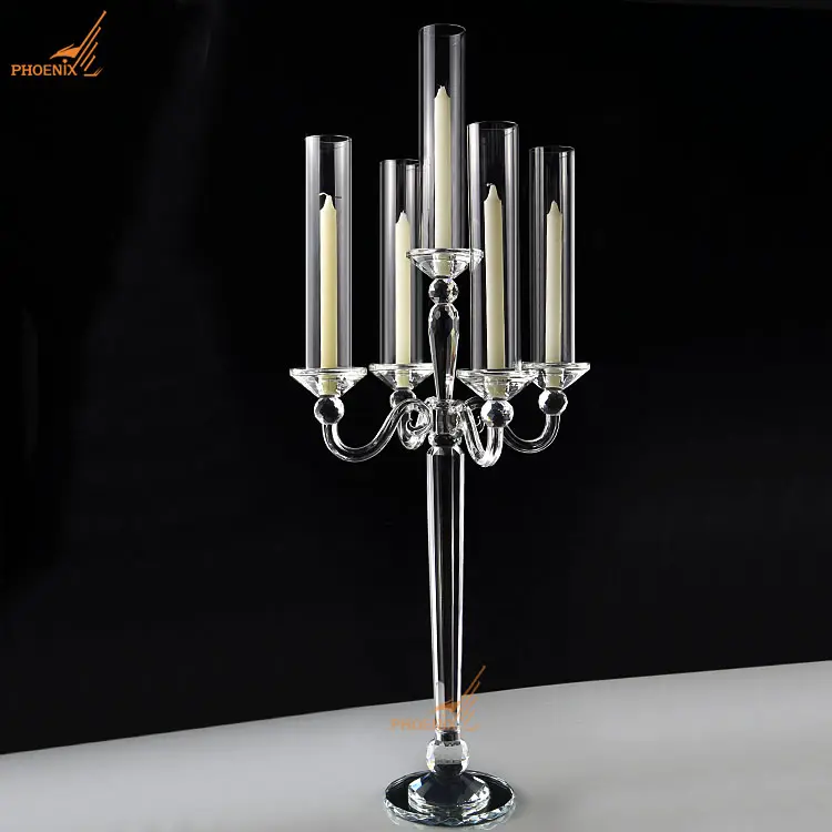 5 braços cristal candelabros com vidro furacão copos casamento candelabros peça central