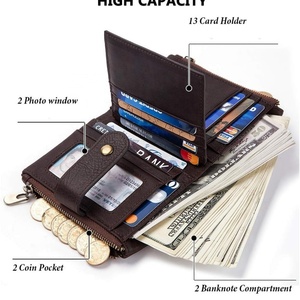 For Boshiho Men's Luxury Anti-Theft <b>RFID</b> <b>Blocking</b> Bifold <b>Wallet</b> Vintage Slim Open Double Zipper Coin Pocket Purse Real Leather - Product Image 3