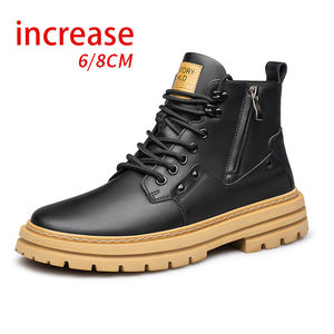 Bottes de travail montantes pour hommes en cuir de vachette, style britannique, tendance automne-hiver, avec rehaussement de hauteur dissimulé et semelle épaisse - Product Image 1