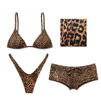 Fabricante de Trajes de Baño Ecológicos, Bikini Triangular Personalizado con Doble Forro y Estampado de Leopardo para Mujer, Shorts de Baño con Cordón Ajustable
