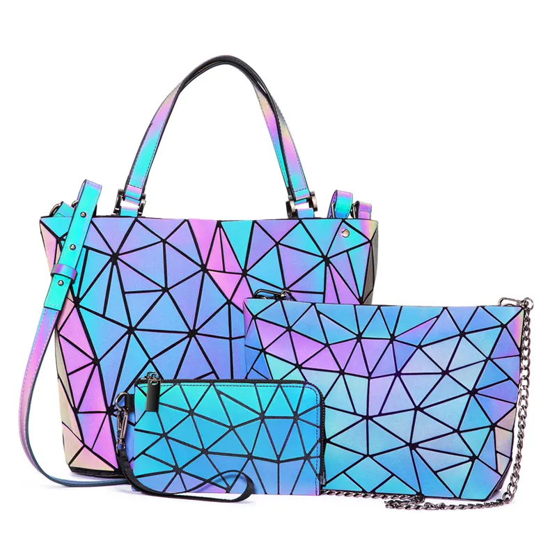 Lovevook conjunto de bolsas femininas holográficas, refletoras, bolsa de mão, tira-colo, geométrico, luminoso