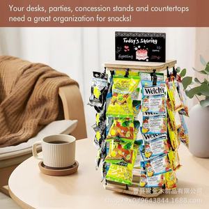 Wooden Rotating Snack Display Rack With Iron <b>Hooks</b> For Supermarket Candy And Chip Storage Desktop Organization Multipurpose - Product Image 3