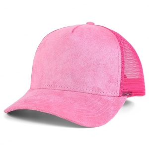 Breathable Plain Suede Mesh Back Baseball Caps <b>Women</b> Trendy 5 Panel Pink Trucker <b>Hat</b> - Product Image 1