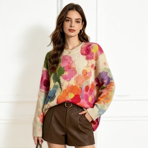 Maglione da Donna OEM ODM con Stampa Floreale Vintage ad Acquerello, Spalle Scivolate, Oversize, Collo Tondo, Casual, Maniche Lunghe - Product Image 2