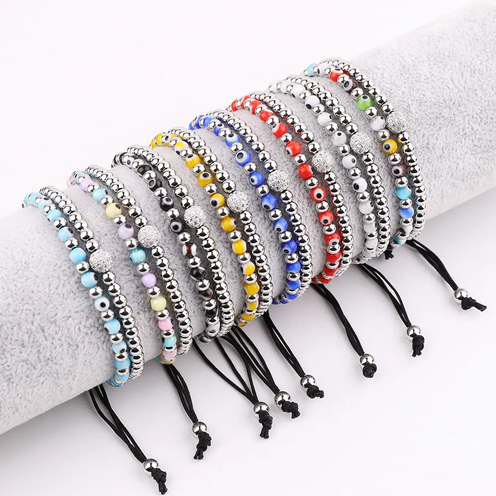 High Quality 4mm Glass Evil Eye Beads Stainless Steel Beaded Macrame Bracelet Adjustable JBS12604