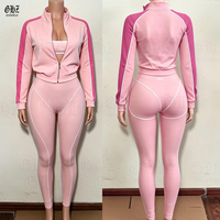 3-delige set dameskleding groothandel sportieve gymsets gestreept design hoofdband ritsjas en leggings dames fitnesskleding