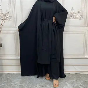 Textured Three Piece Abaya Set Muslim Chiffon Abaya for Women Open Front Cardigan Modest Dress