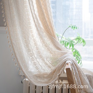 Cortina Pequeña Estilo Bohemio Retro Americano Bubaba, Diseño Transparente con Borlas y Huecos <span class=keywords><strong>para</strong></span> <span class=keywords><strong>Dormitorio</strong></span>, Sala <span class=keywords><strong>de</strong></span> Estar y <span class=keywords><strong>Ventanas</strong></span> - Product Image 1