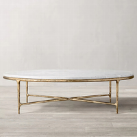 Table basse ovale en marbre blanc RH THADDEUS avec pieds en métal doré Table centrale de salon moderne et luxueuse Table d'appoint en pierre chêne
