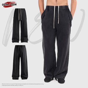 Vintage Heavyweight Cotton Washed <b>Drawstring</b> <b>Trousers</b> High Street Patchwork Raw Hem Men's Distressed Wide Leg Pants - Product Image 3