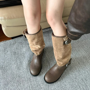 Dong Jie Retro Women's Knee-High Boots Solid Pattern Mid-Sole with Large Belt Buckle and Slim Thick <b>Heel</b> Same Style As Knights - Product Image 5