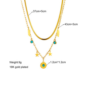 European American Retro Layered Double Chain <b>Blue</b> Turquoise Pendant Star <b>Feather</b> Necklace Gold Zinc Alloy Geometric Design - Product Image 4