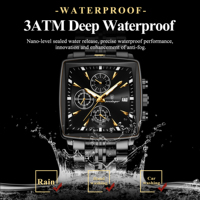 Reloj Deportivo Poedagar 866 para Hombre, Esfera Cuadrada, Cronógrafo de 3 Ojos, Acero Inoxidable, Luminoso, Resistente al Agua, Reloj de Pulsera de Moda