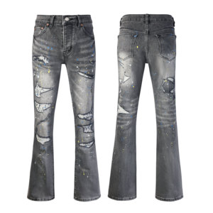 <span class=keywords><strong>Jeans</strong></span> sfilacciato orlo Flare vernice grigia Splatter <span class=keywords><strong>Jeans</strong></span> in <span class=keywords><strong>grigio</strong></span> per gli uomini di marca <span class=keywords><strong>Jeans</strong></span> con vernice - Product Image 1