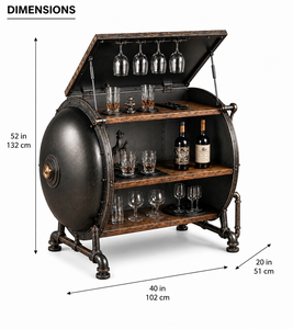 Meuble de bar industriel en forme de baril, en métal rustique et bois, avec porte-bouteilles et étagères à verres pour bar - Product Image 2