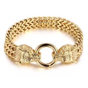 Pulsera <span class=keywords><strong>de</strong></span> acero inoxidable con cabeza <span class=keywords><strong>de</strong></span> <span class=keywords><strong>Lobo</strong></span> y León, brazalete <span class=keywords><strong>de</strong></span> cadena <span class=keywords><strong>de</strong></span> doble capa, chapado en oro, 316L - Product Image 3