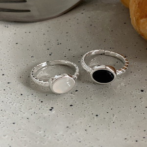 S925 Pure Silver Ellipse Black Agate White Chalcedony <b>Ring</b> Women Geometric Bezel Setting Everyday Wear <b>Opening</b> Design - Product Image 2