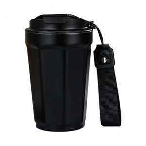 Taza de Café de Acero Inoxidable Facetada con Logotipo Personalizado, Taza de Viaje Aislada al Vacío con Tapa Abatible y Correa de Transporte, 390 ml - Product Image 4