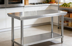 Tavolo <span class=keywords><strong>da</strong></span> Lavoro in Acciaio Inox per Cucina Professionale, Finitura Opaca Spazzolata, Ruote Incluse, Capacità di Carico 300kg/m - Product Image 4