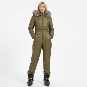 Combinaison de <span class=keywords><strong>ski</strong></span> pour <span class=keywords><strong>femme</strong></span> AQTQ, luxe, argent métallisé, avec capuche en <span class=keywords><strong>fourrure</strong></span>, ceinture de créateur, une pièce - Product Image 4