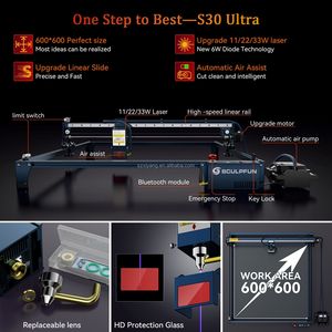 CULPFUN S30 Máquina de grabado láser de 600x600mm, asistencia de aire automática, lente reemplazable, protección ocular - Product Image 2