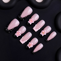 Faux ongles à presser roses, motif fleur 3D, style French Manucure, forme cercueil, en ABS, durables, finition brillante, pour mariage et fête, certifiés OEM ODM MSDS