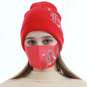 Sombreros tejidos con mascarillas para mujer, <span class=keywords><strong>2</strong></span> piezas, invierno, cálido, con estampado de diamantes de imitación - Product Image 3