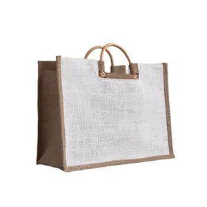 Fashion Retro Blank Jute Tote Bag Rattan Wood Handle Sackcloth Gift Shopping Bags With Custom Logo