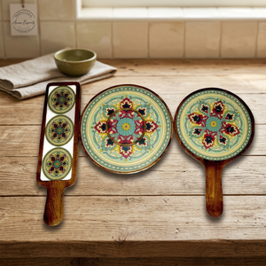 Ensemble de service en bois fabriqué à la main avec un design de mandala coloré parfait pour les repas élégants et les occasions spéciales - Product Image 1
