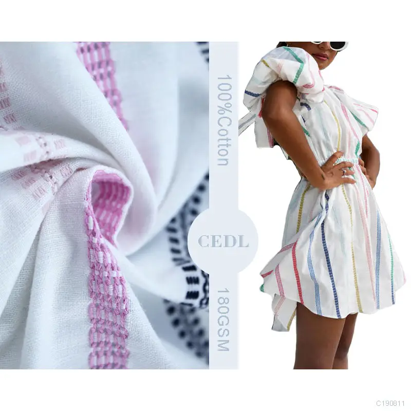 Tissu batik à rayures Jacquard Leno Dobby teint en fil de coton 100% pur biologique pour robe de femme GOTS