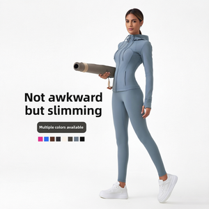 <b>Women</b> Yoga Jacket and <b>Leggings</b> Set Hooded Quick Dry Breathable High Waist Activewear Fitness Training Outfit - Product Image 1
