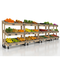 Zwaarbelastbaar dubbelzijdig metalen houten op maat gemaakt 3-laags supermarkt rek met wielen voor fruit en groenten