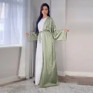 Eid açık saten Abaya iki parçalı setleri Kimono islam arap parlak Sequins dantel-up hırka türkiye müslüman elbise Dubai Kaftan Abaya