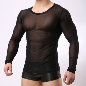 Maglietta a Maniche Lunghe Trasparente in Rete per Uomo, T-Shirt Aderente See-Through alla Moda - Product Image 5
