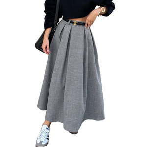 Falda plisada con cremallera larga modesta gris para mujer Jupes cintura alta imperio Casual diseño hinchado tela transpirable para comodidad - Product Image 1