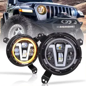 OVOVS Auto Phares LED de 9 pouces avec clignotants ambrés de type V DRL pour Jeep Wrangler JL 2018 + Jeep Gladiator JT 2020