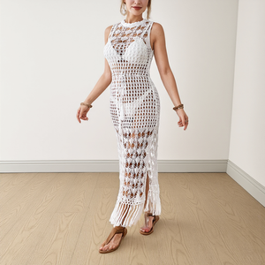 Vente en gros de robes de bikini sans manches évidées <span class=keywords><strong>style</strong></span> tricoté à franges en crochet pour femmes <span class=keywords><strong>robe</strong></span> longue de plage à glands - Product Image 4