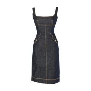 Robe sexy sans manches à taille haute en denim noir délavé avec surpiqûres dorées pour femmes - Product Image 1