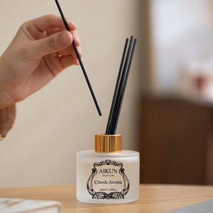 Aikun Small MOQ 50ML Frosted Round Glass Adhesive Sticker Logo Reed <b>Diffuser</b> Gift Set Home Fragrance Set for Startup Brand - Product Image 3
