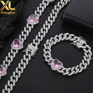 10mm Single Row Cuban Chain Bracelet Iced Out Pink Heart CZ Stone Silver Plated Prong Cuban Link Chain Gift for Women - Product Image 6