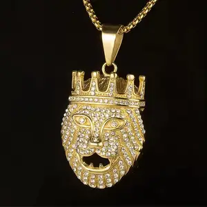 Charm Jewelry Luxurious King Crown Lion Head Pendant Necklace HipHop 18K Gold Stainless Steel Full Bling Crystal Inlaid Necklace